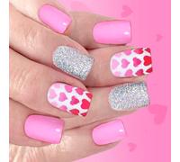 24Pieces Valentine Glitters False Nails Heart Design Artificial Nails ABS Build for Party Date Short Square Fake Sine Glossy Design