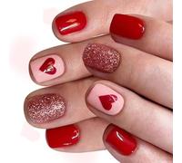24Pieces Valentines Red Glitters Ombres Heart Glossy Square Presses on Nails Romantics Design for Party Date Short Square Fake Nails Heart Design