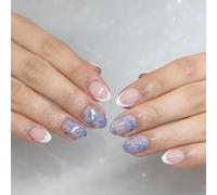24Pieces White and Blue Flower Glossy Fake Nails Oval Shape Surfaces ABS Build Artificial Nails for Home Manicure Blue Floral Stick on Hoofs
