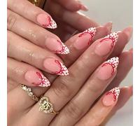 24Pieces White Artificial Nails with Red Dots and Bows Pattern French Tip Design Fake for Women Salon Elegant with Bows Design