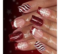24Pieces Winter Fake Nails With Festive Glitters Striped Designs Easy Application Manicure For Christmas Theme Parties Snowflake Nail Art