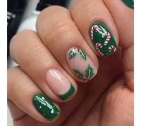 24Pieces Winter Themed Fake Nails Short Square Shape Christmas New Year Party Wear Durability Fake Nails Manicure Set Floral