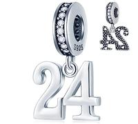 24th Anniversary Dangle Charms fits Pandora Valentines Bracelet, 925 Sterling Silver 24 Birthday Pendant Beads with Birthstone, Number 24 Years Bday Gifts for Couple/Familia/Bride