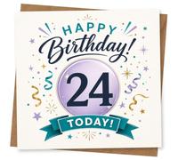 24th Birthday Card, 24th Birthday Card for Her or Him, Happy Today! Fun Celebration with Confetti and Colourful Party Design