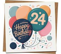 24th Birthday Card - Balloon Design “Happy Birthday” - 145mm x 145mm Square Greeting Card with Kraft Envelope - Age 24, For Him or Her, Colorful Confetti Theme