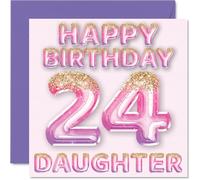 24th Birthday Card for Daughter - Pink & Purple Glitter Balloons - Happy Birthday Cards for 24 Year Old Daughter from Mum Dad Parents, 145mm Bday Greeting Cards Gift