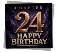 24th Birthday Card for Her, Chapter 24 Lightning | For her 24th: striking purple lightning backdrop with large gold-style Chapter 24 lettering and Happy Birthday.
