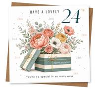 24th Birthday Card for Her, Floral Gift Box & Verse | Mark her 24th with a striped gift box of blooms, scattered “24th” text and the line “You’re so special in so many ways”.