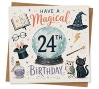 24th Birthday Card for Her, Witchy Crystal Ball & Cat | Her 24th gets a magical twist with crystal ball, spell book and wand, finished with a wizard hat, owl and cat.