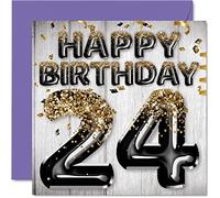 24th Birthday Card for Men, Black & Gold Glitter Balloons