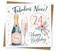 24th Birthday Card for Niece, Sparkling Bottle & Flute | A bright 24th for your niece-sparkling bottle, floral champagne flute, confetti dots and celebratory “Happy Birthday”.