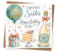 24th Birthday Card for Sister, Balloon Cake Design | Eye-catching greeting card; Balloon Cake artwork for sister on a 24th birthday with a warm, memorable feel