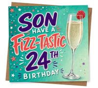 24th Birthday Card for Son, Fizz-Tastic Champagne Flute | Playful “Son have a Fizz-Tastic 24th Birthday” lettering, with bubbly champagne flute, raspberry garnish and confetti stars.