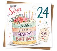 24th Birthday Card for Son, Tiered Cake, Candles & Flowers | For your Son’s 24th: tiered cake with candles and flowers plus ‘Wishing you a very HAPPY BIRTHDAY!’ wording.