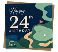 24th Birthday Card, Golf Tee, Fairway and Flag Scene | “Happy 24th Birthday” lettering with a modern fairway illustration, sandy paths, golf flag and ball on the green.