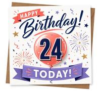 24th Birthday Card, Happy 24th Birthday Card with Fireworks, Balloons and Today Banner, Fun for Him or Her