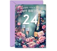24th Birthday Card, Pink Presents Champagne Bottle