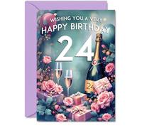 24th Birthday Card - Pink Presents Champagne Bottle - Gorgeous Pretty Beautiful Birthday Cards for 24 Year Old Woman Women, A5 Greeting Cards Gift