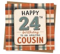 24th Birthday Card, Plaid Background, Amazing Cousin | Stylish tartan background with easy-to-read bold typography and “Happy 24th birthday to an amazing cousin”.