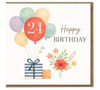 24th Birthday Card - Watercolour Balloons, Presents and Floral Illustration - Pastel Design with Large '24' Balloon and Happy Birthday Text