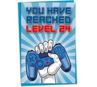24th Birthday Card, You Have Reached Level 24, Greeting Card for Twenty-Four Year Old Gamer Birthday Gift for Adult Son or Daughter, For Him Her Grandson Granddaughter, Blue