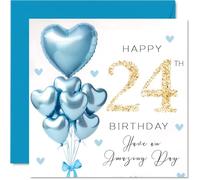 24th Birthday Cards for Men - Blue Glitter Balloons - Happy Birthday Card for 24 Year Old Man Nephew Grandson Cousin Colleague, 145mm Bday Greeting Cards