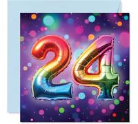 24th Birthday Cards for Men Women - Rainbow Foil Balloon - Happy Birthday Card for 24 Year Old Man Woman Daughter Auntie Grandson Brother, 145mm Bday Greeting Cards