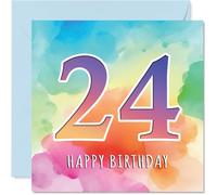 24th Birthday Cards for Men Women - Colourful Watercolour Age - Happy Birthday Card for 24 Year Old Man Woman Brother Nephew Auntie Friend, 145mm Bday Greeting Cards