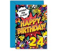 24th Birthday Cards for Men Women - Comic Book Pow! - Happy Birthday Card for 24 Year Old Man Woman Brother Nephew Auntie Friend, A5 Bday Greeting Cards