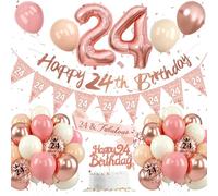 24th Birthday Decoration for Women,24th Birthday Decoration with Retro Pink Rose Gold Balloons,Happy 24st Banner, Cake Topper, Number 24 Foil Balloons for Women Party Decoration