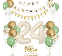 24th Birthday Decorations - Foil Balloons, Banner & Cake Topper in Sage Green, White & Gold