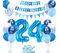24th Birthday Decorations for Him Her - Blue White Balloons, Number 24 Foil Balloon, Happy Birthday Banner, Cake Topper for Party