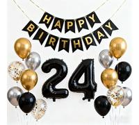 24th Birthday Decorations for Men Women, Black Silver Gold Balloons Birthday Banner, 32 Inch Number 24 Foil Latex Confetti Balloons for Him Her 24 Years Party Supplies(24th)
