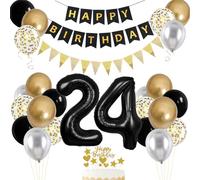 24th Birthday Decorations for Men Women - Number 24 Foil Balloon, Black Gold Silver Balloons, Happy Birthday Banner, Cake Topper for Party
