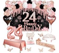 24th Birthday Decorations for Women, 49pcs Black Rose Gold Black Banner, Tablecloth, Butterfly Decor, 24th Birthday Sash and Tiara, Cake Topper, Candles, Balloons Arch