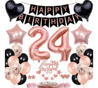 24th Birthday Decorations for Women - Rose Gold Black Cake Topper Set With Banner and Gift