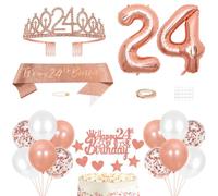 24th Birthday Decorations Princess Crown Queen Tiara It's My 24th Birthday Sash 24 Year old Cake Topper Number Balloons Set for Party Supplies, Rose Gold