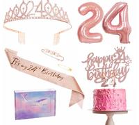 24th Birthday Decorations Set - Rose Gold 24th Birthday Sash and Tiara Party Crown, Cake Topper and Candles, Number 24 Foil Balloons, Party Supplies, 24th Year Old Gifts for Her Women
