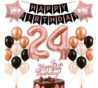 24th Birthday Decorations Set Rose Gold Black Theme Happy Birthday Banner Balloon Decor Photo Backdrop for Women Men Adults Turning 24 Age 24 Party Supplies Celebration Decor Event Bundle Bunting Set