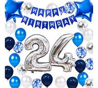 24th Birthday Party Decoration Blue for Men, Happy Birthday Banner Blue Number 24 Birthday Star Foil Balloons Latex Confetti Balloons for Men Him 24 Years Old Birthday Supplies(24th)