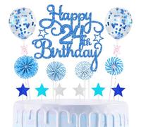 24th Cake Decorations Happy Birthday Blue Cake Picks Star Paper-fans Balloon Cupcake Toppers for 24th Birthday Decorations Party Supplies