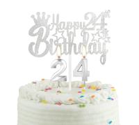 24th Silver Birthday Cake Candle, Party Candle with Cake Topper, Silver Party Candle Cake Topper for Boys Girls Men Women, 24th Birthday Decoration, Wedding Anniversary