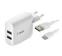 24W Dual Wall Charger USB with USB-C cable 1m Belkin Boost Charge White