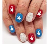 24x 4th Of July Full Covers Stick On Nails Short Round False Nails Independence Day Press On Star Artificial