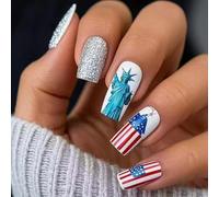 24x Artificial Nails Mediuim Square Full Covers False 4th Of July Stick On Independence Day Press On