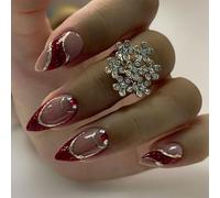 24x Autumn Winter Artificial Nails With Rhinestones French Tip Full Covers False Nails Short Almond Press On Nails