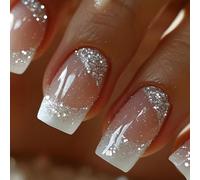 24x/Box French Tip False Nails Mediums Square Press On Full Covers Stick On Sparkling Artificial