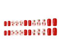 24x/Box Lovely Strawberry False Nails Flower Press On Nails Short Full Covers Stick On Nails Manicures Supplies