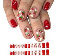 24x / Box Lovely Strawberry False Nails Flower Press on Short Full Covers Stick on Manicures Supplies