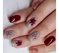 24x / Box Maple Leaf Fake Nail Thanksgiving Fall Press Artificial Short Full Cover Stick On